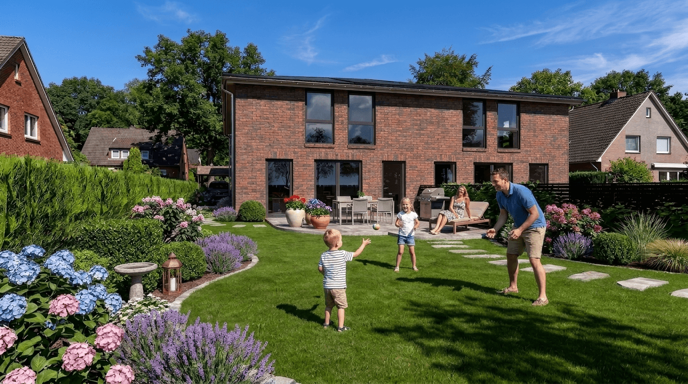 Der sonnige Garten eines modernen Backsteinhauses lädt mit spielender Familie und üppiger Bepflanzung zum Wohlfühlen ein
