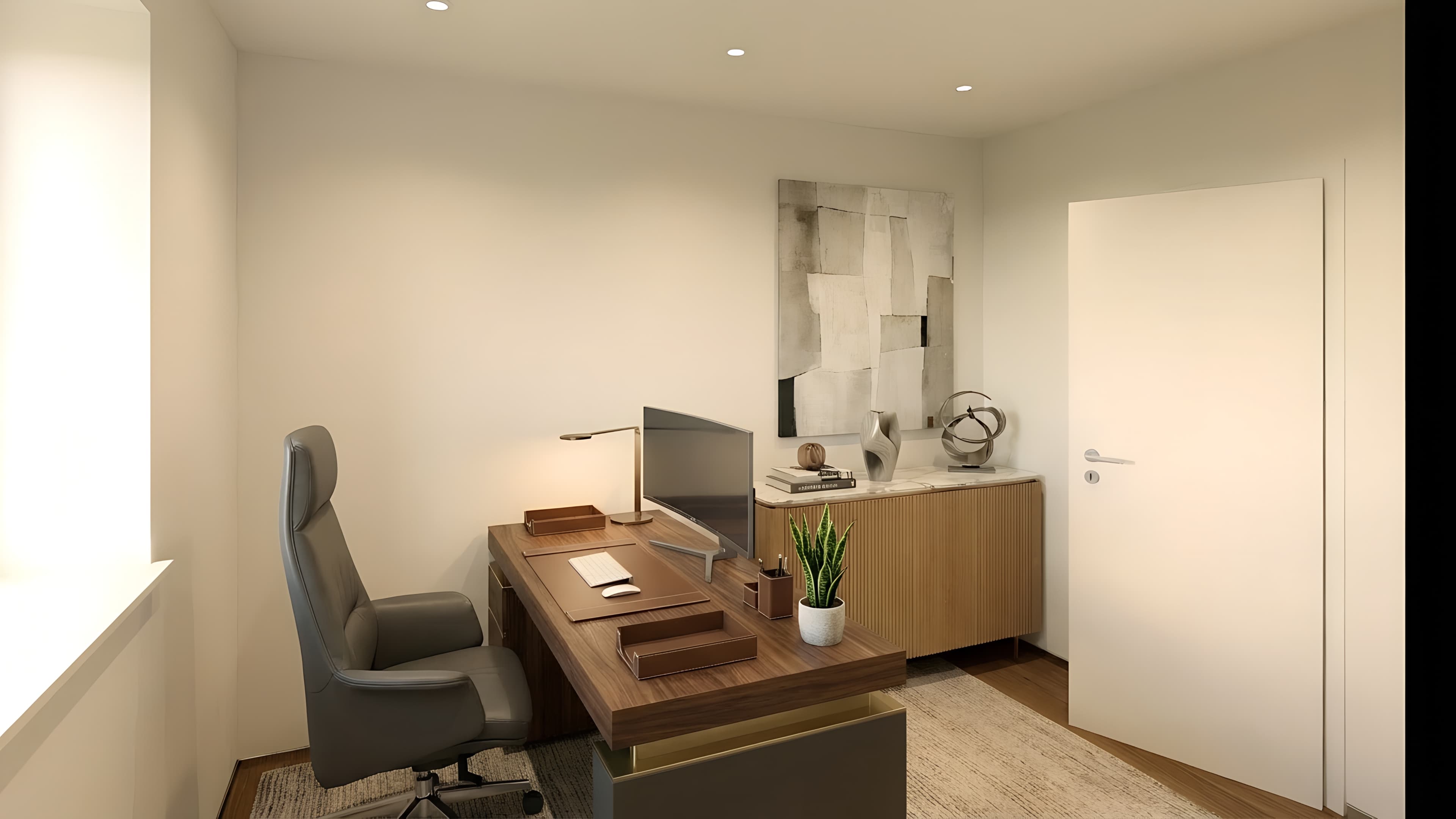 Ein modernes, helles Arbeitszimmer mit Holzschreibtisch, Designermöbeln und ruhiger Atmosphäre