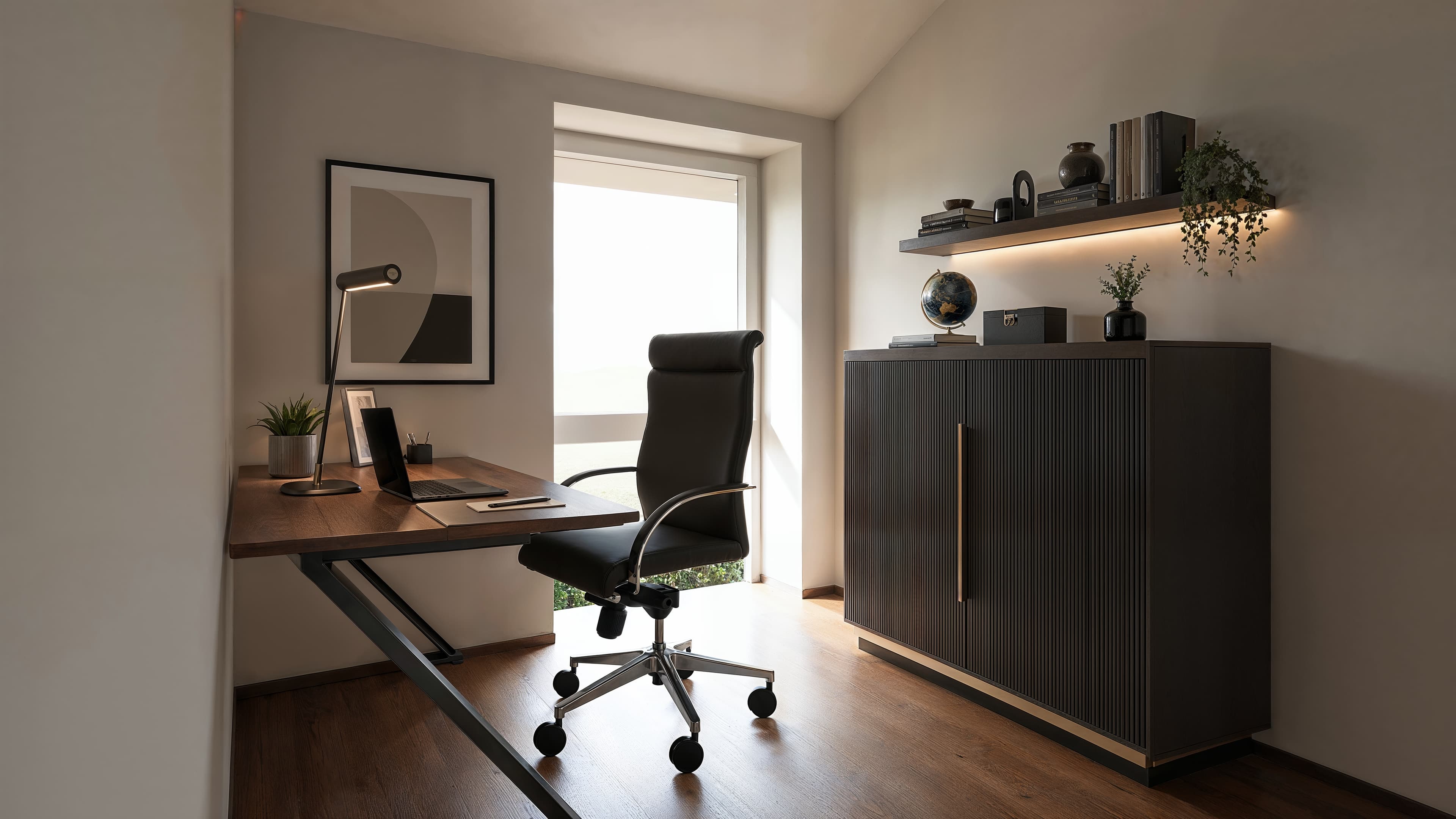 Das helle, moderne Arbeitszimmer besticht durch einen dunklen Schreibtisch und ein stilvolles Sideboard mit Beleuchtung