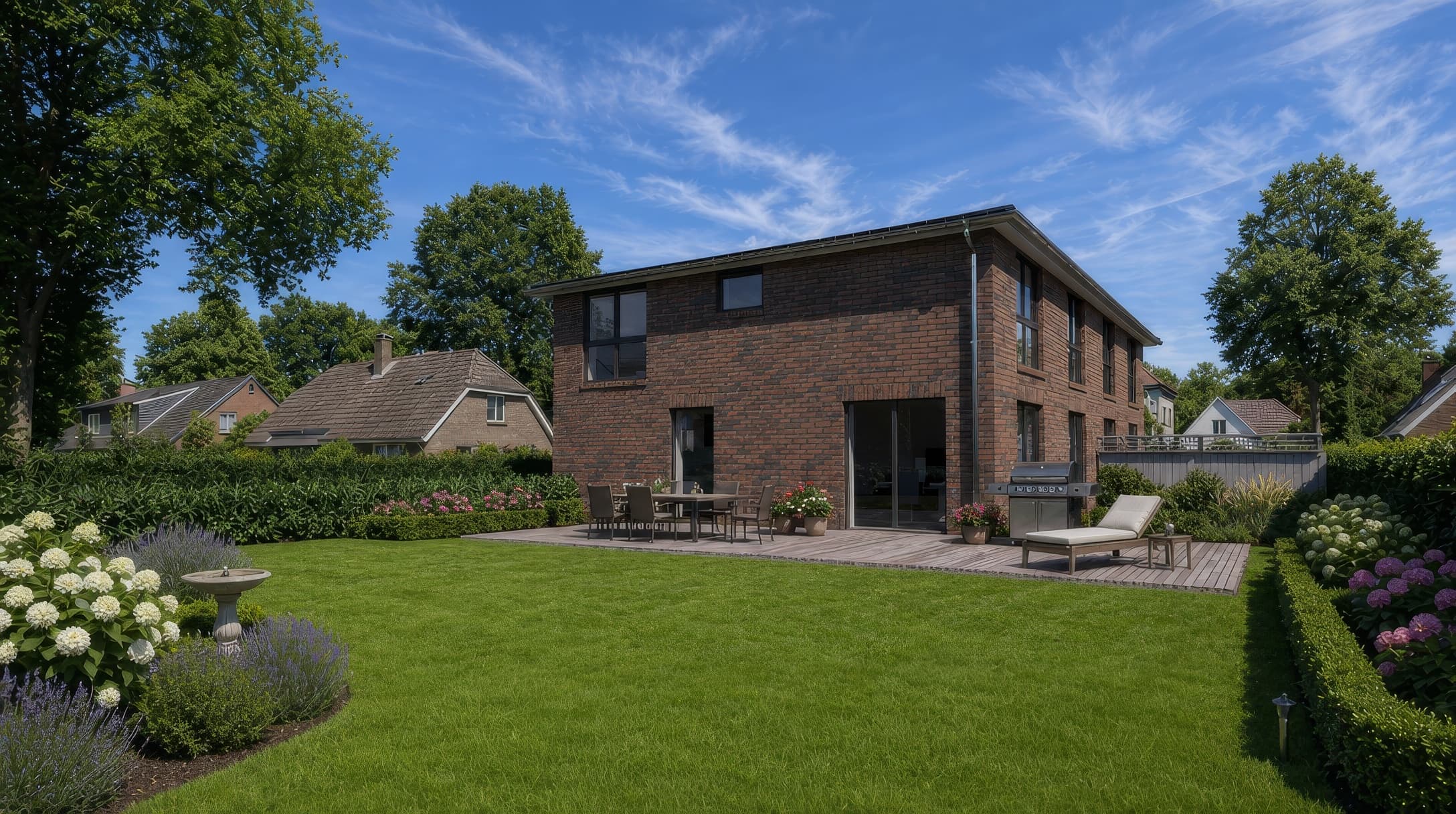 Der gepflegte Garten mit Terrasse und Backsteinhaus strahlt Ruhe und einladende Wohnlichkeit aus