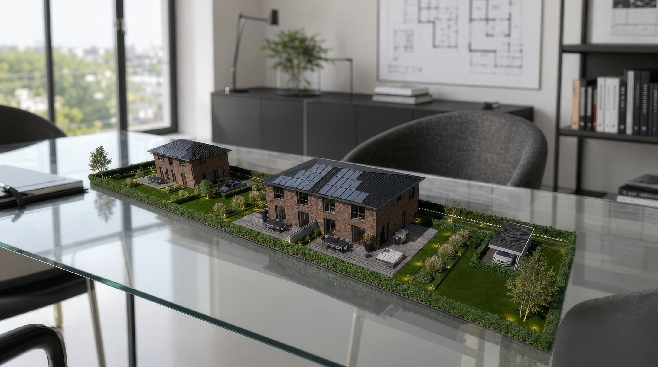 Auf einem gläsernen Tisch steht ein detailliertes Architekturmodell von Wohnhäusern mit Solarzellen, das eine profession