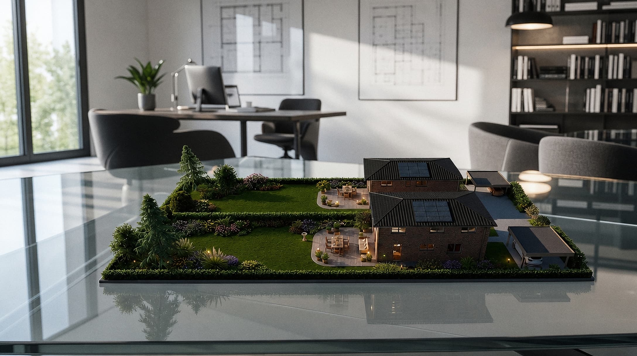 Ein Hausmodell mit Garten steht auf einem gläsernen Tisch in einem modernen, hellen Büro
