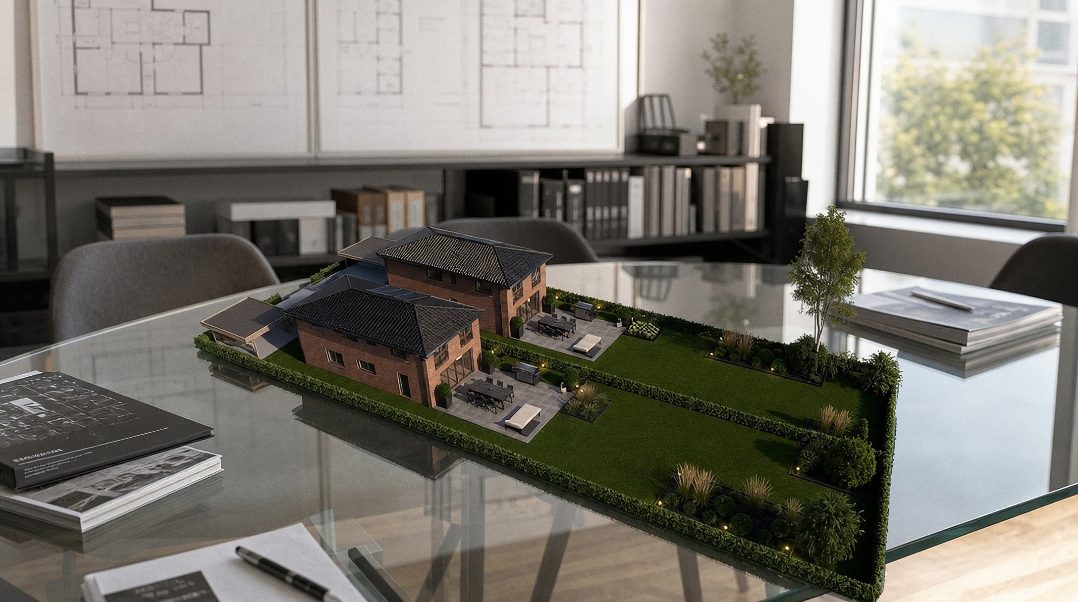 Ein Architekturmodell zweier Häuser mit Garten auf einem gläsernen Tisch wirkt professionell und detailliert