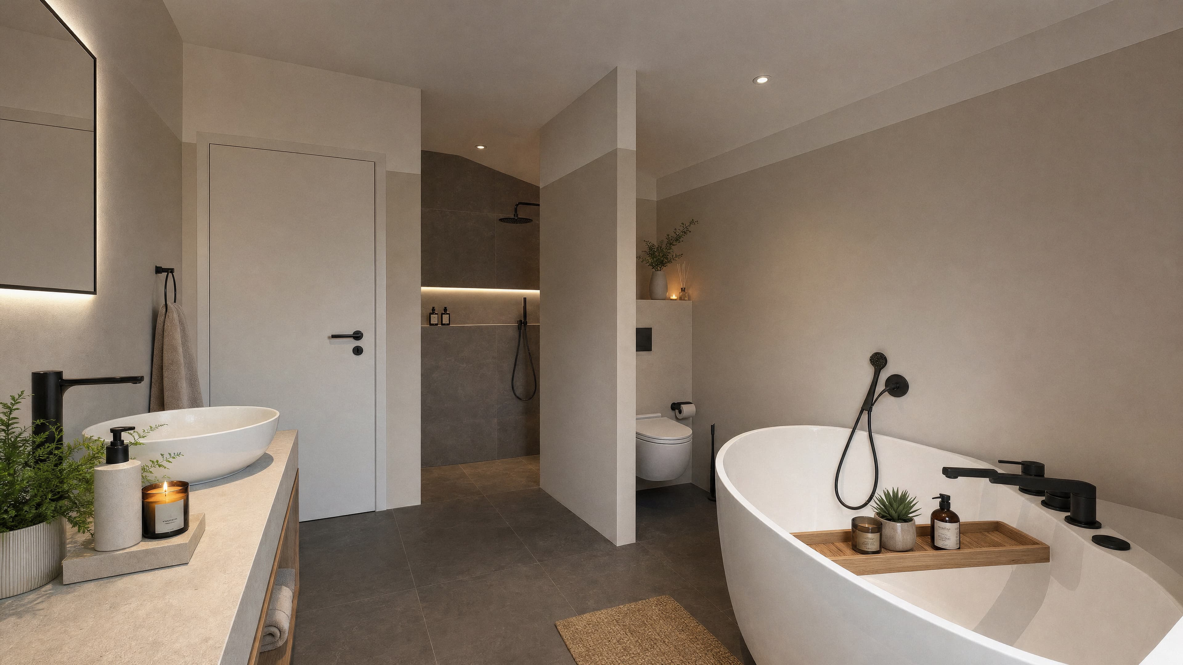 Das moderne Badezimmer mit freistehender Wanne und begehbarer Dusche strahlt eine ruhige, minimalistische Atmosphäre aus