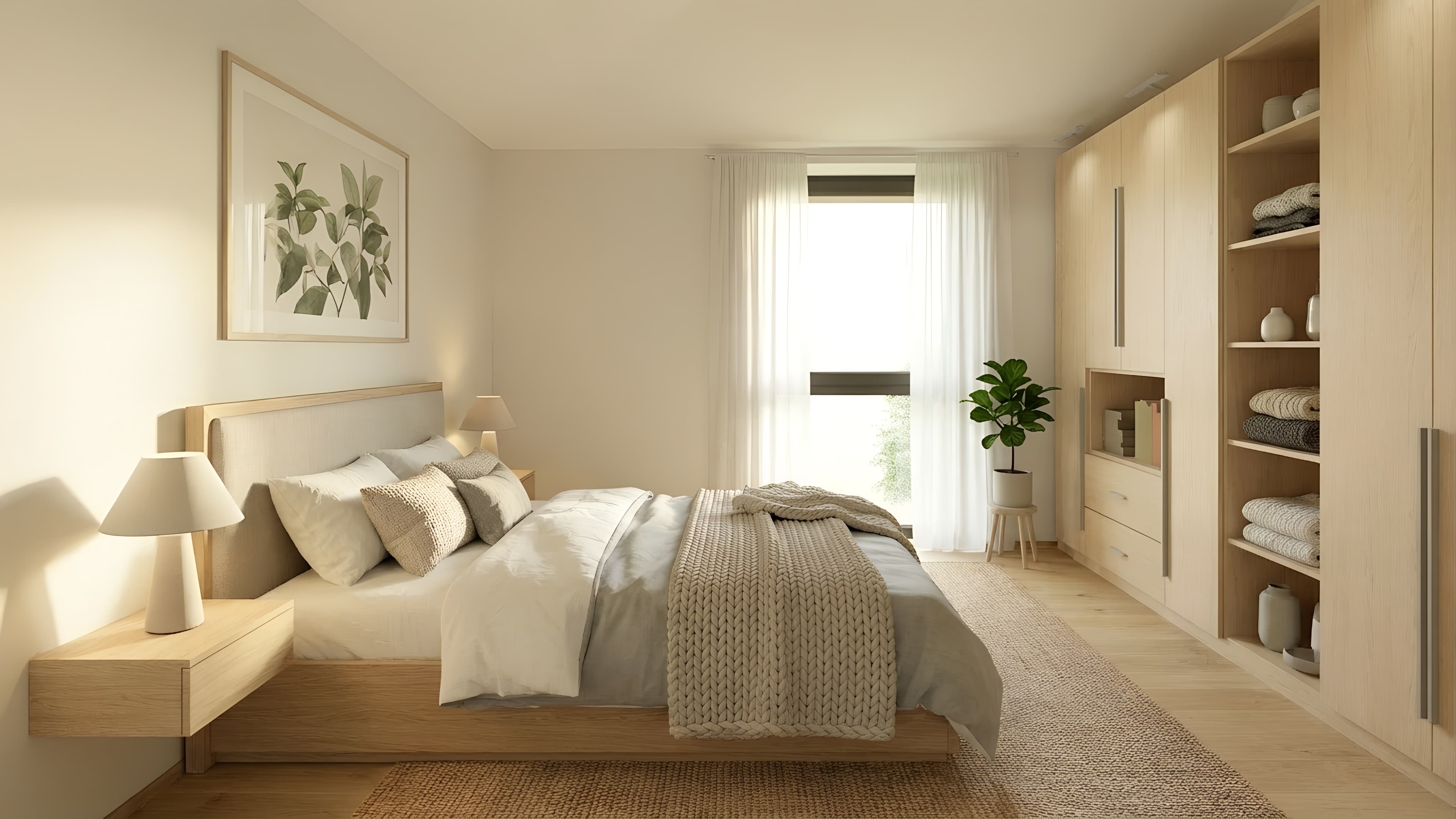 Das helle Schlafzimmer in neutralen Tönen wirkt einladend und ruhig mit großem Kleiderschrank und Fenster